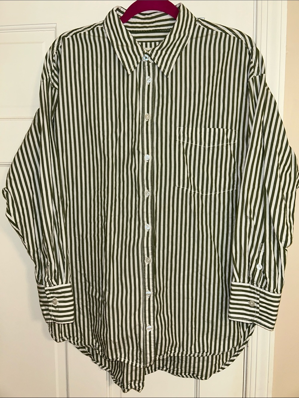 Maeve Olive and White Striped Women’s Button-Down Shirt